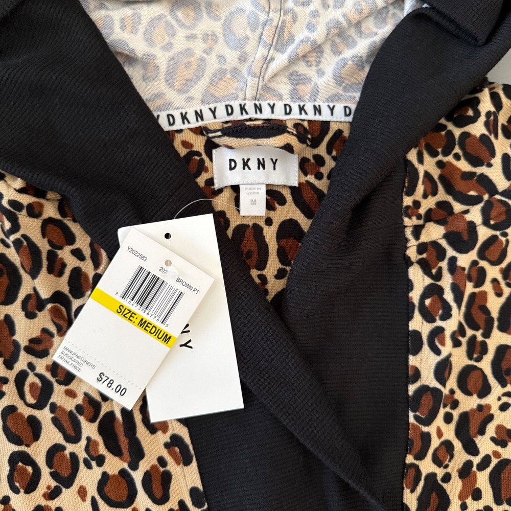DKNY womens leopard print hooded robe M belted loungewear $78 MSRP stretchy - Picture 2 of 8